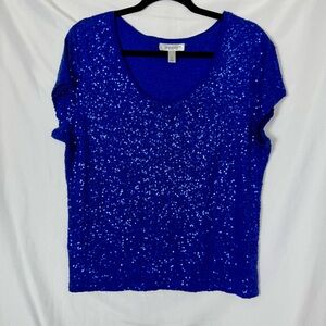Dressbarn Royal Blue Sequin Short Cap Sleeve Blouse Size XL, Excellent Condition